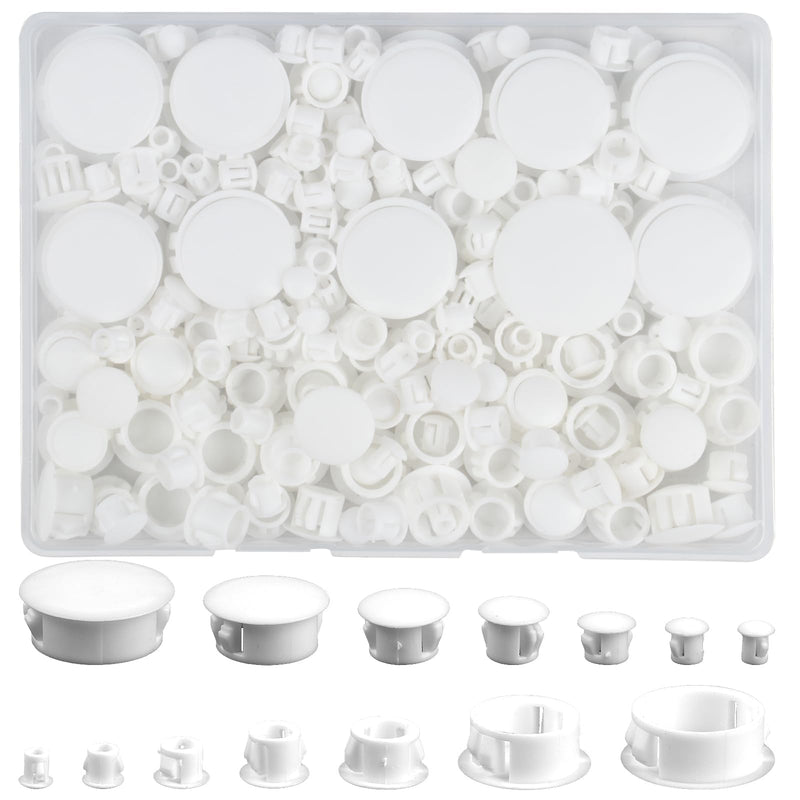 Plastic Hole Plugs, 180pcs White Panel Knockout Locking Plugs, Round Drill Screw Hole Plugs Covers for Kitchen Cabinet Furniture Insert End Caps, 1" 3/4" 1/2" 3/8" 5/16" 1/4" 1/5" B-white Mixed