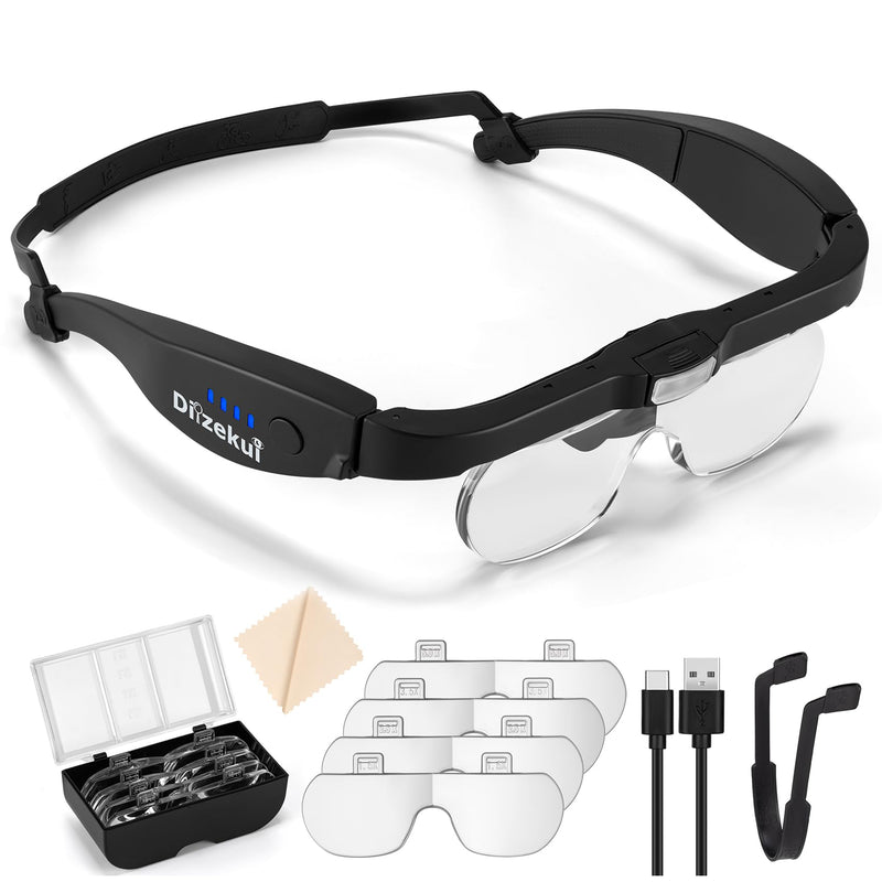 Magnifying Glass with Light 1.5X to 5.0X, Rechargeable Magnifying Glasses Head Magnifier, Lighted Magnify Glass with 4 Detachable Lenses, Magnifier Headset for Close Work Hobbies Jewelry Black