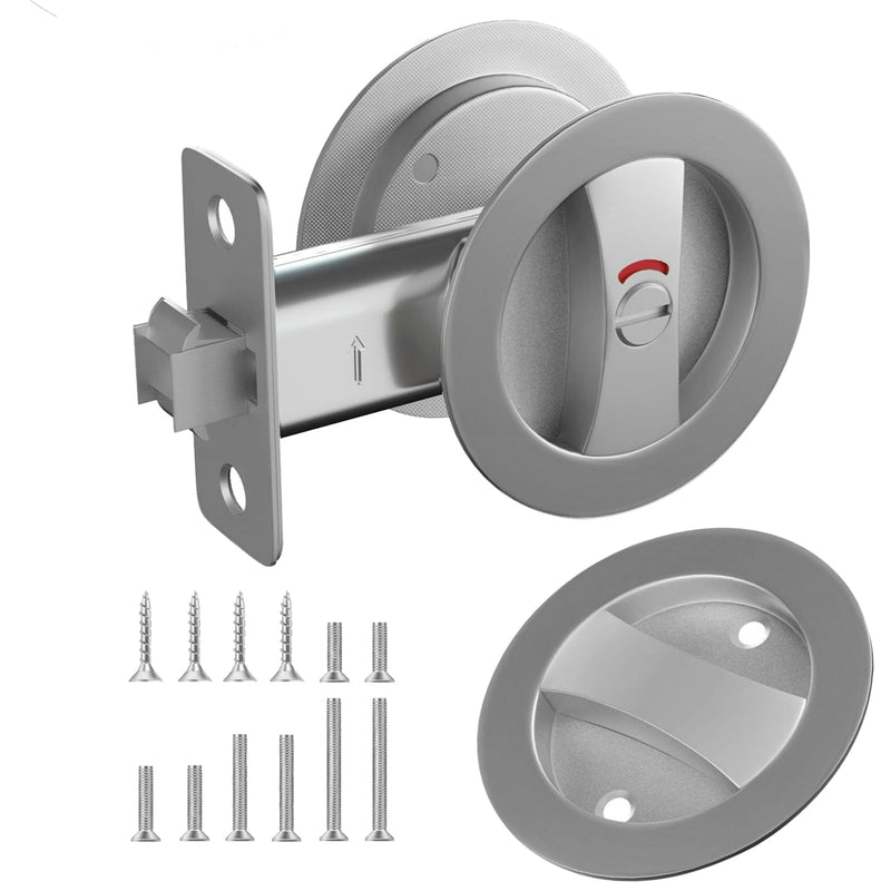 Round Pocket Door Lock with Indicator,1 Pack Satin Nickel Contemporary Privacy Pocket Door Hardware,Flush Pocket Door Latch(2-3/8" Backset) for 1-3/5" to 2-1/8" Thickness Door,Brushed Nickel Round Lock with Indicator - 1 Pack Brushed Nickel