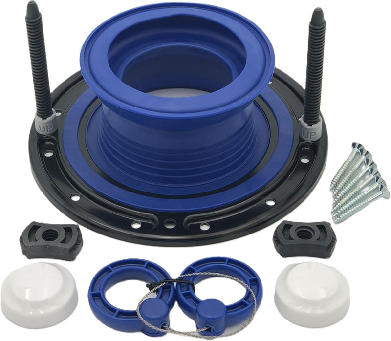 One N Done Toilet Flange Repair Kit - Complete Toilet Seal Repair For Wax Seal, Rubber Gasket Ring,Tool-Free Nuts Includes 3 1/2-Inch Locking Bolts, Bolt Caps- Easy Toilet Bowl Repair (1, Blue)