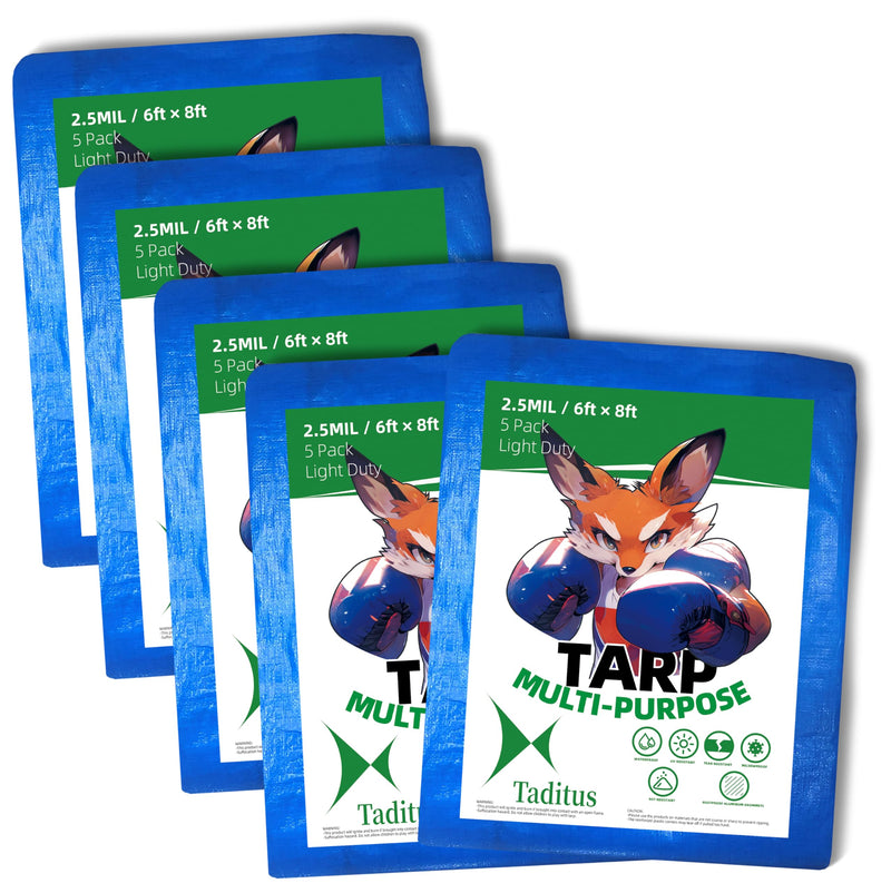 5 in a Pack, Maximize Value, Minimize Cost, Multipack Advantage with Budget-Friendly Poly Tarps, 2.5 Mil Cheap Large Light Tarp, Multipurpose Waterproof Protective Cover, 6x8 Feet, Blue 6' x 8'