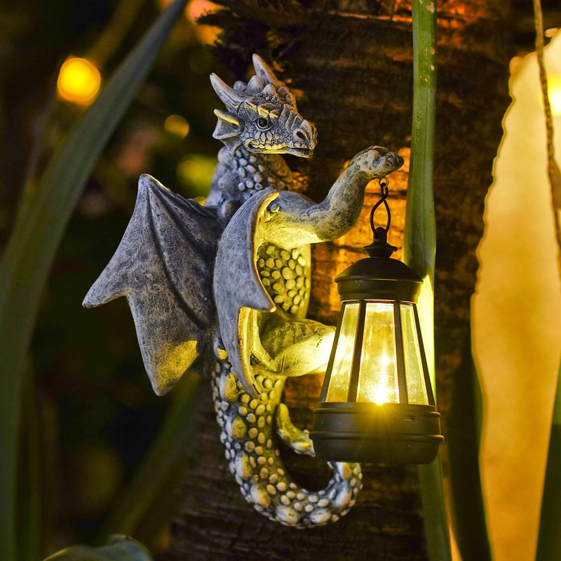 Dragon Tree Hugger with Solar Lantern - 9.3 Inch Resin Statue for Outdoor Garden Decor - Ideal Housewarming & Birthday Gifts for Grandma Mom Women Gray