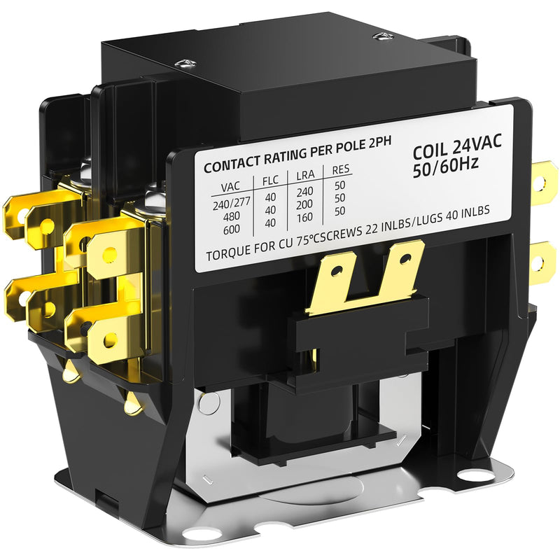 HVAC Motor Contactor, 2 Pole 40 Amp 24V Air Conditioning Contactor, Compatible with Air Conditioning Condenser Compressor Contactor. 2P 40A