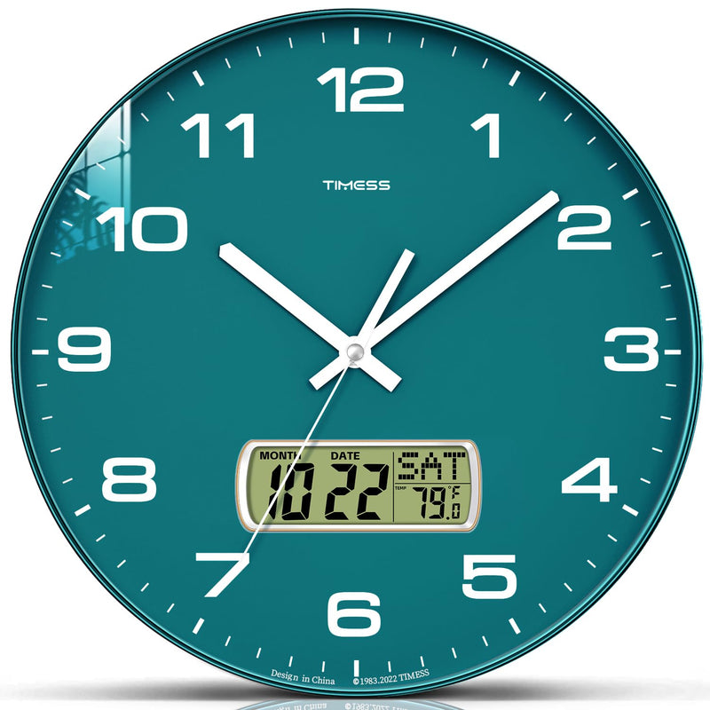 Wall Clock, 12" Dial Non-Ticking Silent Battery Operated Analog with LCD Display for Perpetual Calendar and F° Temperature, Ideal Modern Home, Bedroom, Kitchen, Office Decor (Green) 12 Inch Green