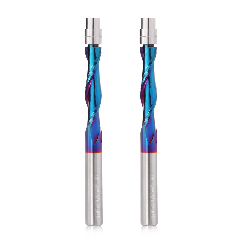 Spiral Flush Trim Router Bit, 1/4 Inch Shank Up Cut Spiral Router Bits , 1-1/8 Inch Cutting Length Solid Carbide CNC Trim Bits with Nano Coating for Woodwork Trimming (2PCS) 2 UpCut