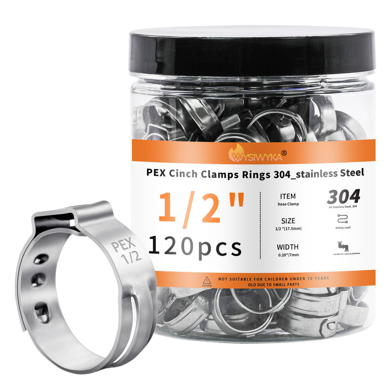 120pcs 1/2 inch PEX Cinch Clamps Rings, 304 Stainless Steel Single Ear Hose Clamps, Pex Crimp Rings for PEX Tubing Pipe Fitting Connections 120 Pcs