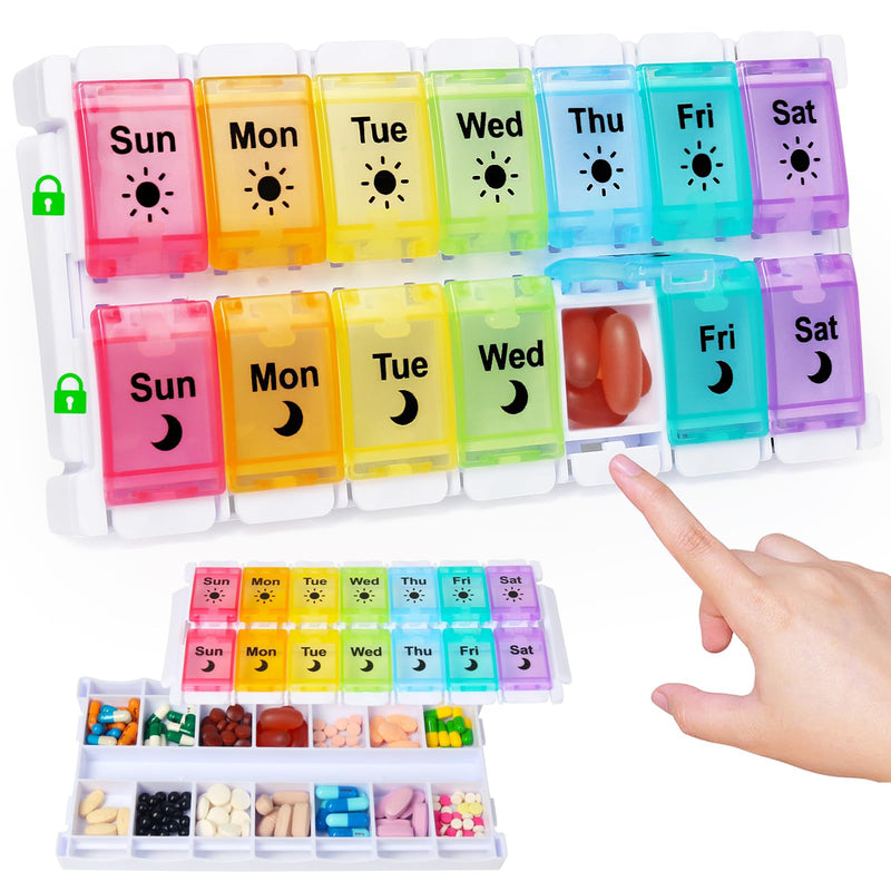 HRX Package Medicine Pill Boxes 7 Day AM/PM, Easy Fill & Open Medication Organizer Vitamin Reminder Holder Day and Night Colorful