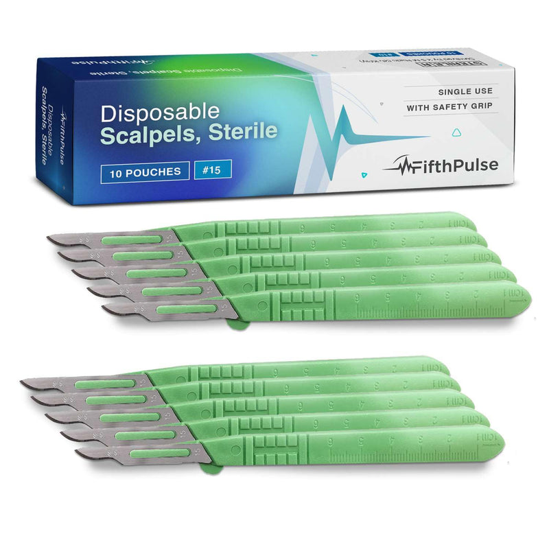 FifthPulse Disposable Surgical Scalpel Knife #15 - Ten Individually Wrapped Sterile Scalpel Blades - Surgical Blade Scalpels With Safety Grip