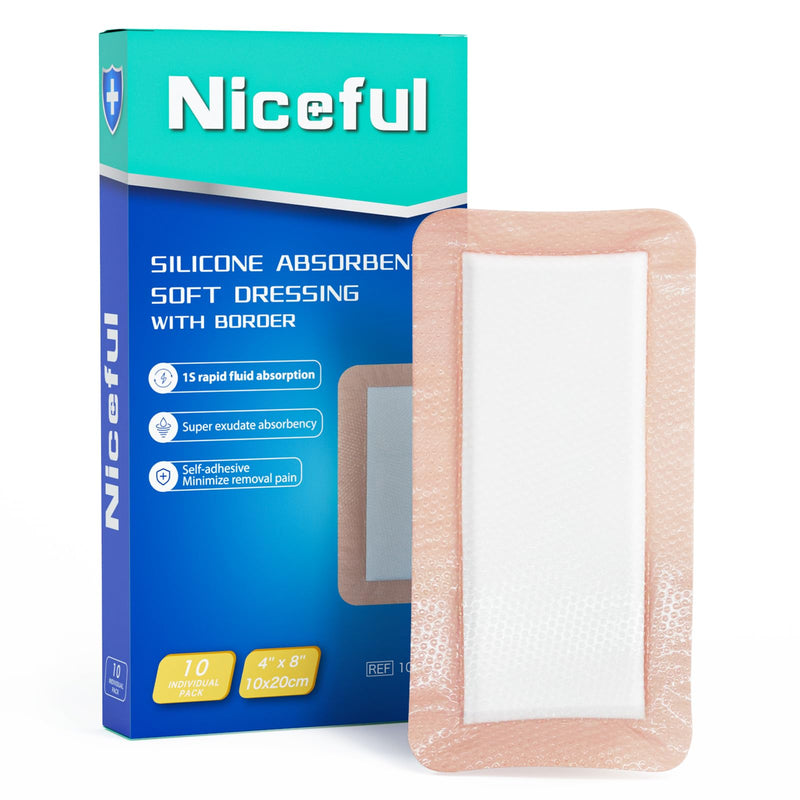 Silicone Super Absorbent Wound Dressing - 4"×8" Large Absorbant Bandages with Adhesive Borders, FSA HSA Eligible, Wound Care Dressings for Bed Sores Leg Ulcers Self-Adhesive 4"x 8"