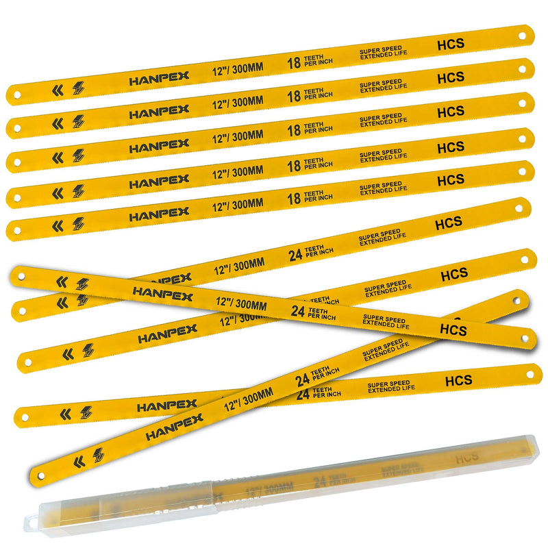 Hacksaw Replacement Blades Set (10 Pack) High Speed 12" Length Hack Saw Blade - High Carbon Steel (HCS) Cutting Blades Blade Set