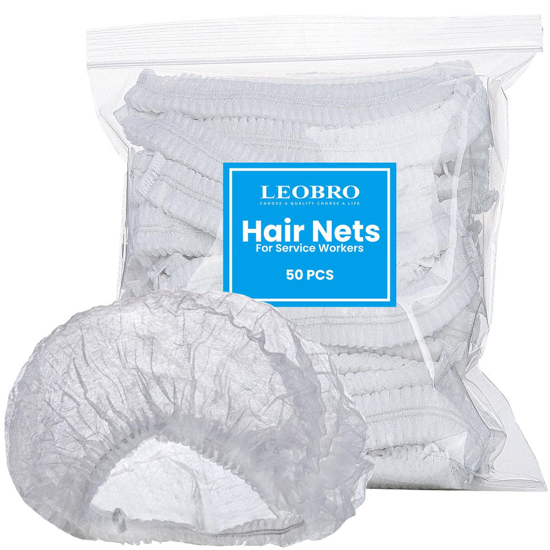 LEOBRO Hair Net, Hair Nets for Food Service Workers, 50PCS Hairnets for Foodservice, Kitchen Hair Nets for Women Men Cooking, Non-woven Bouffant Caps, Disposable Hair Cap Hair Cover, White, 21 Inch