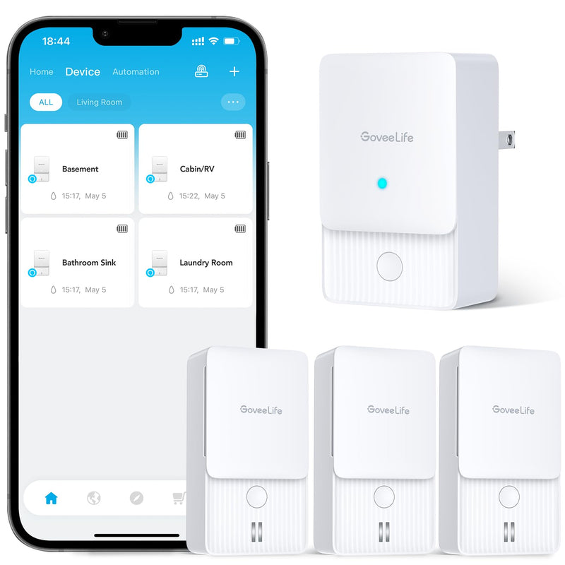 GoveeLife WiFi Water Ieak Detector 2 for Home, Smart Water Ieak Sensor 3 Pack with 100dB Adjustable Alarm and App Alerts, Wireless Detector with 1312 ft Transmission for Basement, Kitchen, Bathroom 1 gateway + 3 sensor