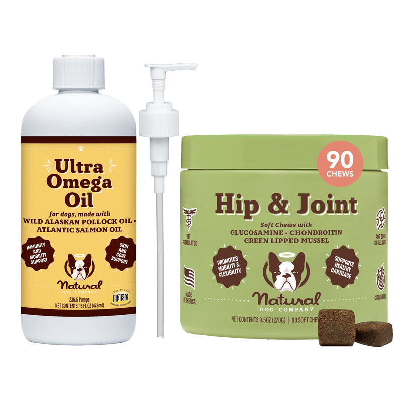 Natural Dog Company Canine Vitality Dog Vitamins and Supplements Bundle, Includes (1) Hip and Joint Chews Supplement-90 pcs cosequin for Dogs, (1) Ultra Omega Fish Oil 16 Oz Omega 3 Fish Oil for Dogs - PawsPlanet Australia