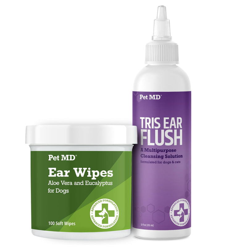 Pet MD Dog Ear Cleaning Wipes with Aloe and Eucalyptus + Veterinary Tris Flush Cat & Dog Ear Cleaner - PawsPlanet Australia