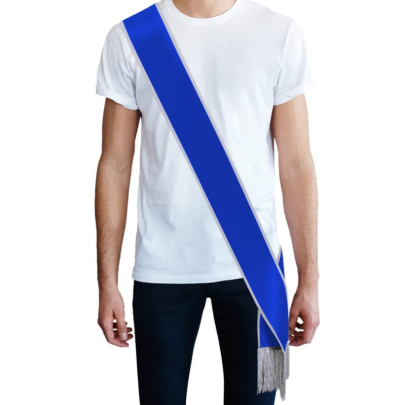 Plain Sash with Tassels Blank Satin Sash for Adults 3.9" Wide x 74.8" in Total Length Blue With Silver Border