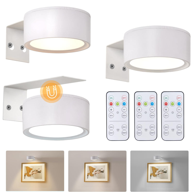 3 Pcs Battery Operated Picture Lights for Wall, Wireless LED Poster Lights with 3 Lighting Modes,Magnetic Gallery Art Light for Paintings, Dimmable and Timer Artwork Light(White) White