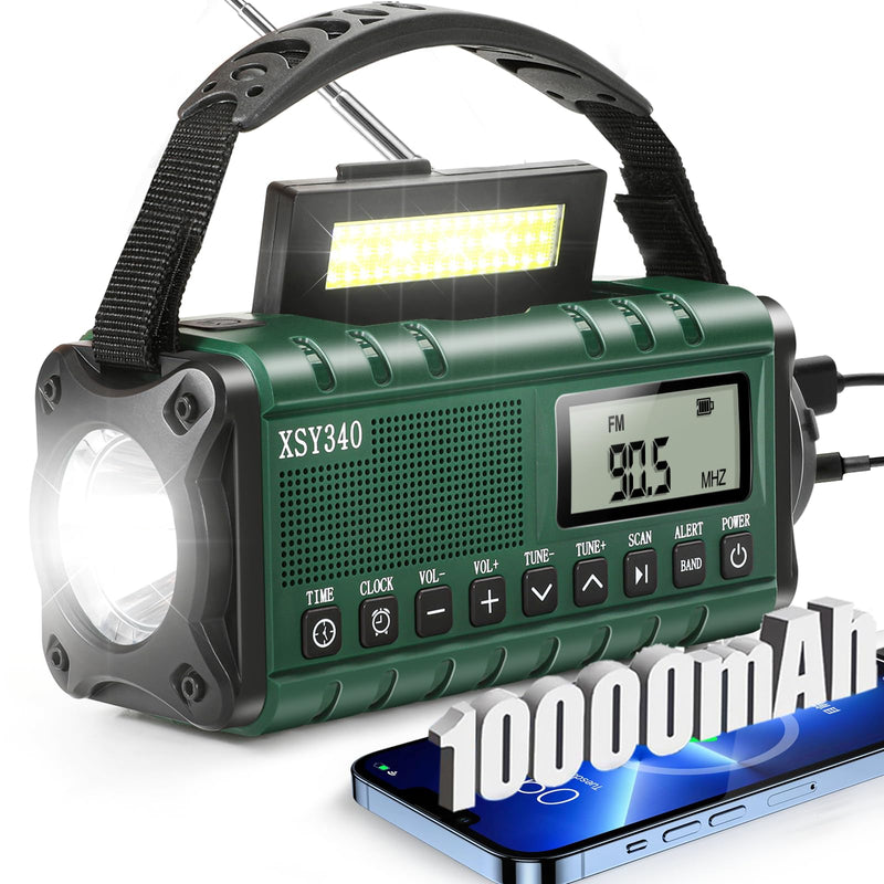 Emergency NOAA Weather Alert Radio with Solar & Hand Crank USB-C Charging Portable AM/FM Radio 3W Flashlight, Reading Lamp, Cell Phone Charger, SOS for Hurricane, Storm, Camping Emergencies Army Green