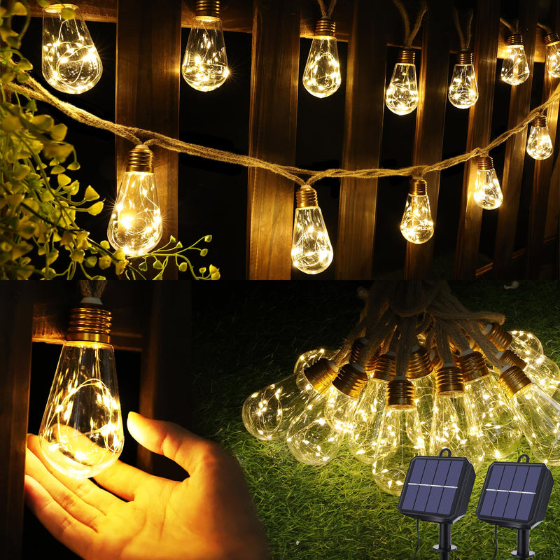 Solar Outdoor String Lights, 2 Pack 20Ft Vintage Rope Hemp Solar Patio Lights, Waterproof Warm White Solar Powered String Lights With 8 Modes 16 Shatterproof Bulbs for Fence Stairs Balcony Café Bistro 40ft
