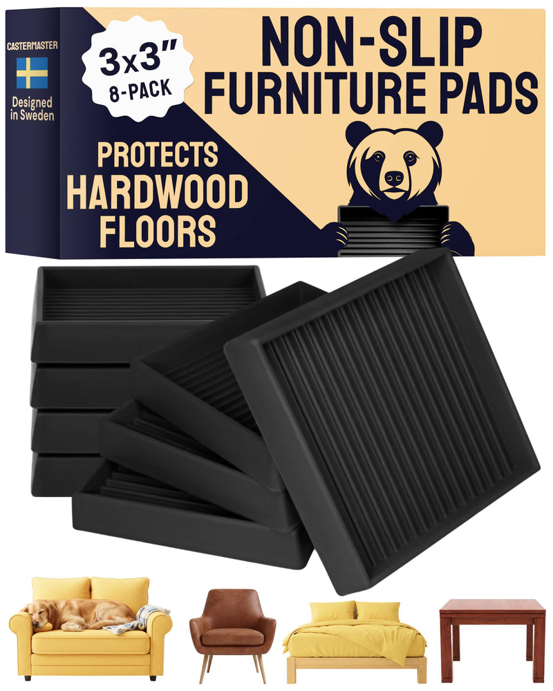 CasterMaster Square Non-Slip Furniture Pads - 3 in x 3 in, Pack of 8, Black - Stoppers to Prevent Sliding - Floor Protectors for Furniture - Noise Reduction & Caster Cups for Vinyl Floors 3'' x 3'' (Pack of 8)