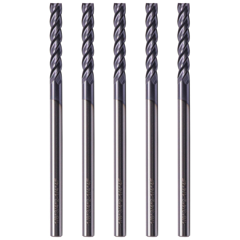 BestParts 5Pcs 1/8" 4 Flute Solid Carbide Long Square End Mill AlTiN Coated | 30 Degree Helix, 1/8" Cutting Diameter, 1/8" Shank Diameter, 3/4" Length of Cut, 2-1/4" Overall Length 1/8" x 3/4" x 2-1/4" 5
