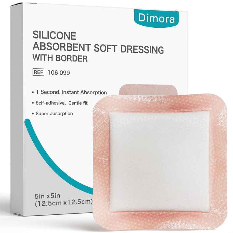 Dimora Silicone Super Absorbent Wound Dressings - Gentle Adhesive Bandages with Ultrasorb Polymer,Heavy Exudate Wound Care Pads 5"X 5" 10 Packs 5"x 5"