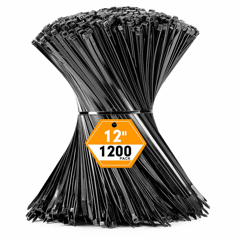 Zip Ties, RAZCC 1200pcs Black Cable Zip Ties 12 Inch, Heavy Duty Plastic Wire Ties with 50lb Tensile Strength, Self-Locking Black Nylon Tie Wraps for Indoor and Outdoor 12"(50lb tensile strength)