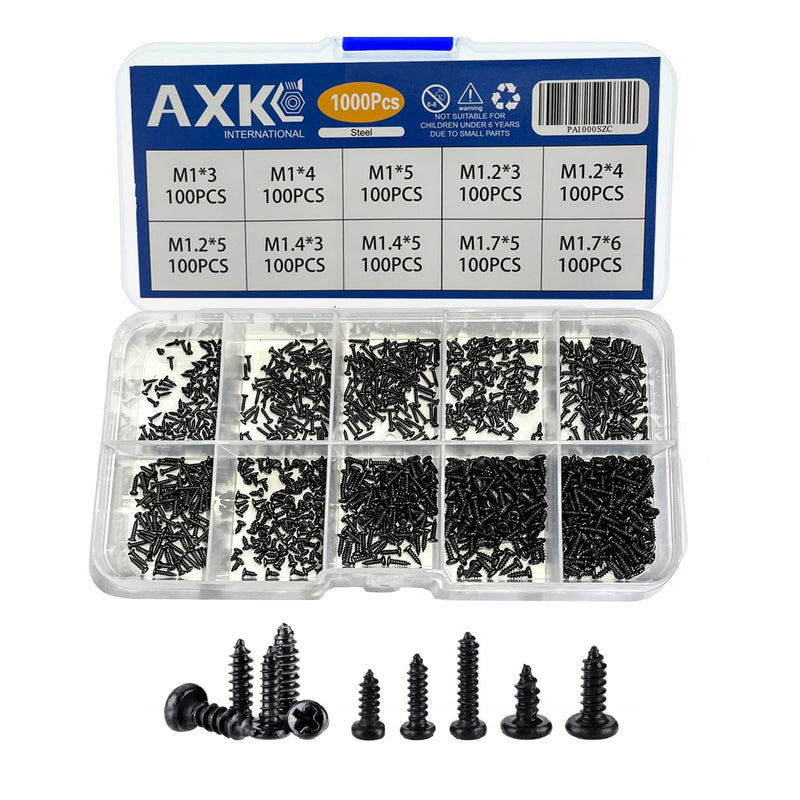 AXK 1000PCS M1 M1.2 M1.4 M1.7 Phillips Round Head Self Tapping Small Screw Micro Screws Electronic Small Black Bolts Wood Screws Kit