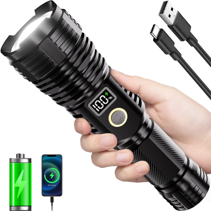 Flashlights High Lumens Rechargeable, 990000LM LED Super Bright Flash Light, Zoomable Linternas with LCD Digital Display, 5 Modes, Waterproof, Powerful Tactical Flashlight for Emergencies Camping Gift Black