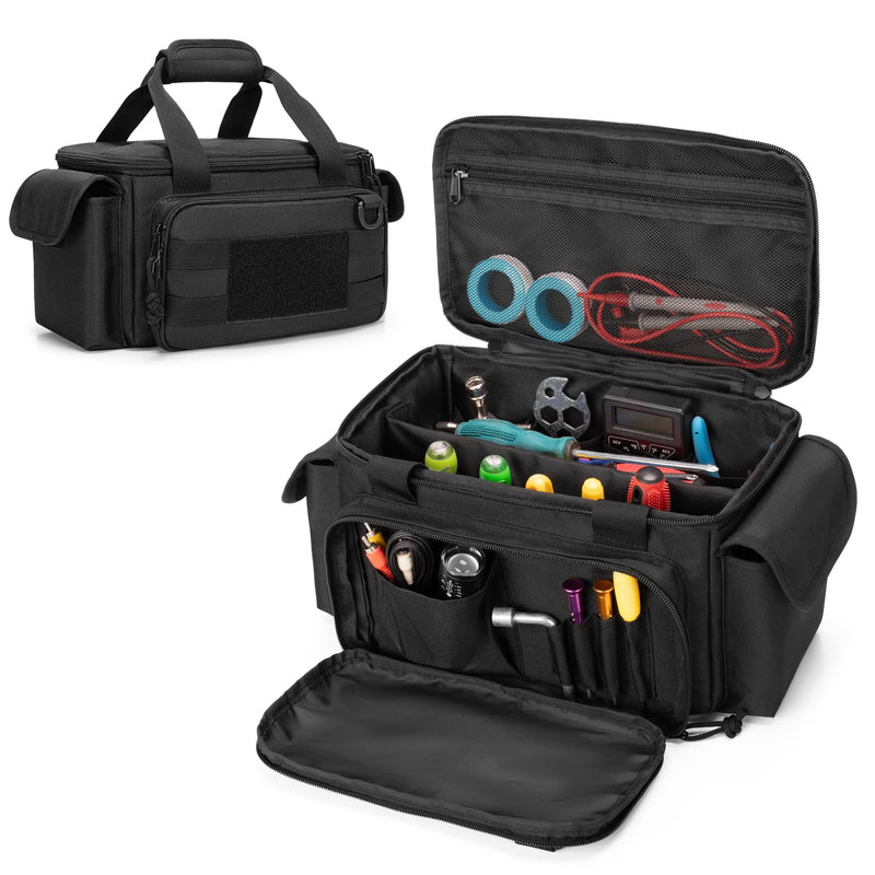 Small Tool Bag with Anti-friction and Thick Padded Bottom, Tool Storage Organizer for Men, Tactical Bag, Range Bag, Multi-functional Work Bag for Repairman, Electrician, Carpenters, Handyman Black