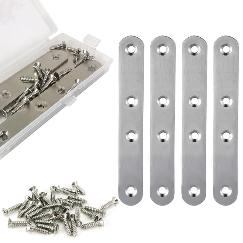 4 Pack Flat Straight Bracket Mending Plate for Wood Stainless Steel Straight Brackets 125mm / 4.9" Wood Brace with Screws Silver, 4.9 Inch