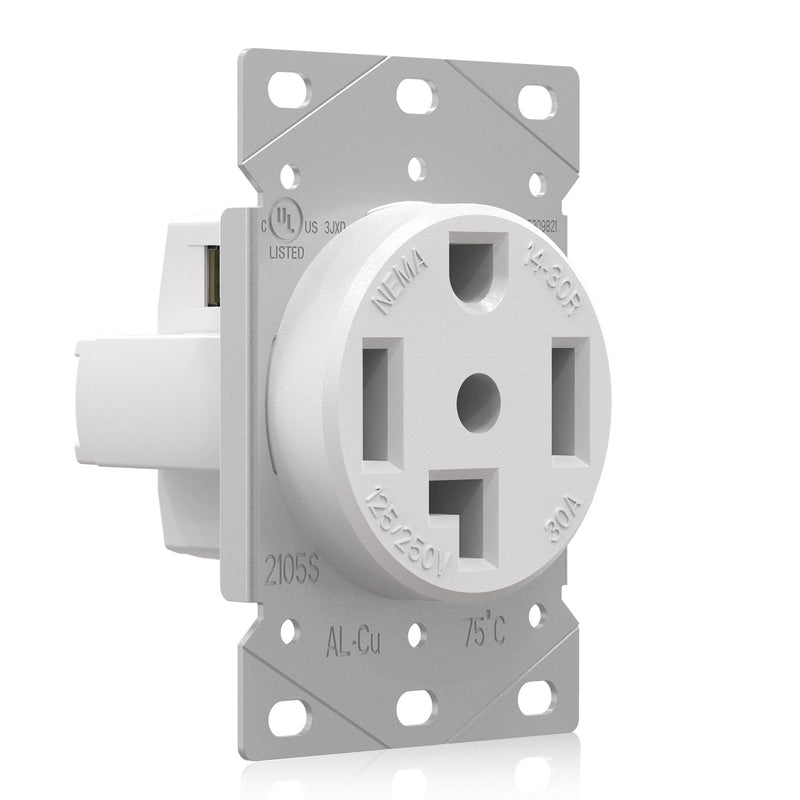 ELEGRP White 30 Amps 125/250V Dryer Outlet, Flush Mounting Power Outlet, NEMA 14-30R, Straight Blade Heavy Duty Dryer Receptacle, Grounding, 3 Pole 4 Wire, UL Listed, 1 Pack NEMA 14-30R Outlet