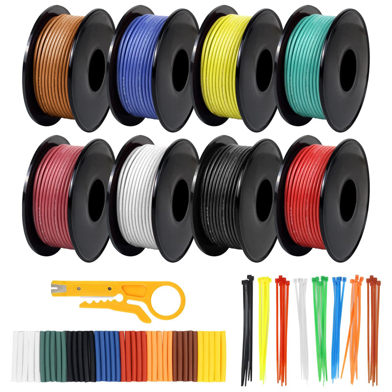 22 AWG Stranded Wire Spool, 16.5ft Each in 8 Colors - Silicone Electrical Tinned Copper Wire, 22 Gauge Flexible Hook Up Wire Kit for DIY, Automotive, Home, and Power Wiring 22AWG