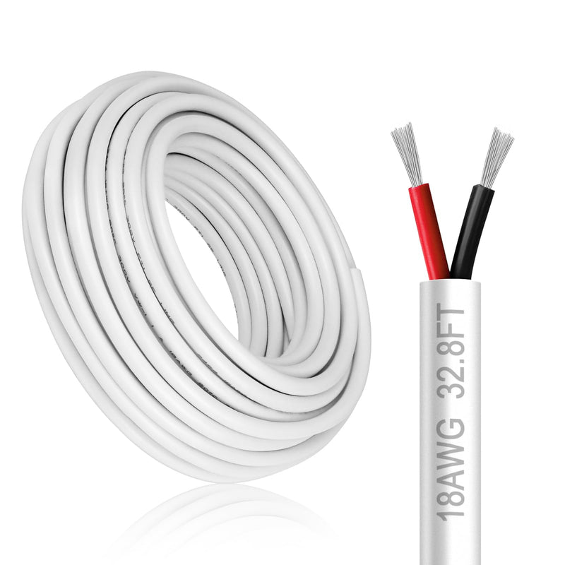 18 Gauge 2 Conductor Electrical Wire, 32.8FT White Stranded Low Voltage 18/2 Cable PVC Case, 18 AWG Tinned Copper 2 Wire Cable Extension Power Cable for Strips LED Lamp Lighting Automotive 18AWG-2C