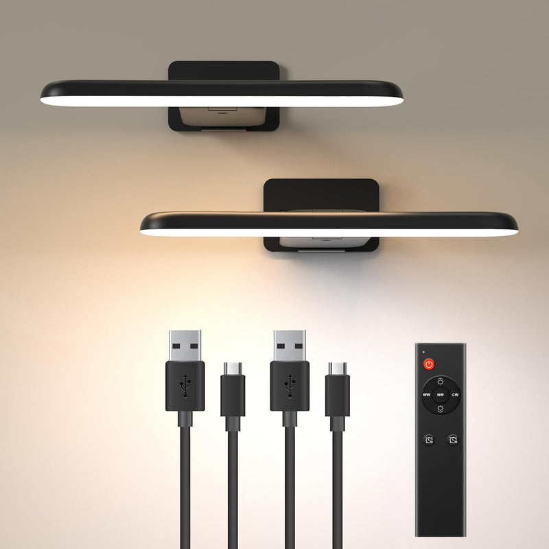 2 Pack Picture Lights Battery Operated with Remote, Rechargeable Picture Lights for Wall, 3CCT&Brightness Dimmable,300 LM, Sticker/Screw Installation, Art Light for Gallery, Artwork, Black