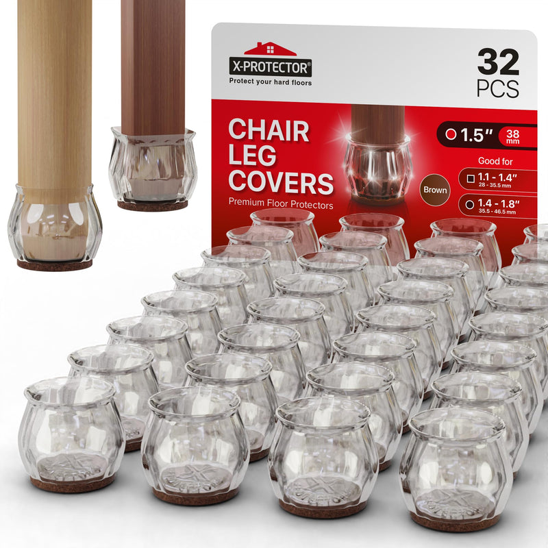 32 PCS Chair Leg Floor Protectors with Felt Pads X-Protector - 1.4" - 1.8" - Furniture Pads for Hardwood Floors - Clear Chair Pads - Floor Protectors for Chairs - Brown Chair Leg Covers! 1.4" - 1.8" 32 Brown, Cups