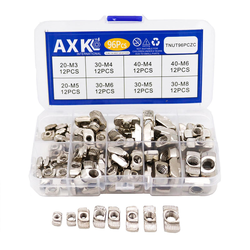 AXK 96pcs T nut Set M3 M4 M5 M6 M8 T-Slot Nut Kit Hammer Head Sliding t-nut for 2020 3030 4040 Aluminum Profile Fasteners
