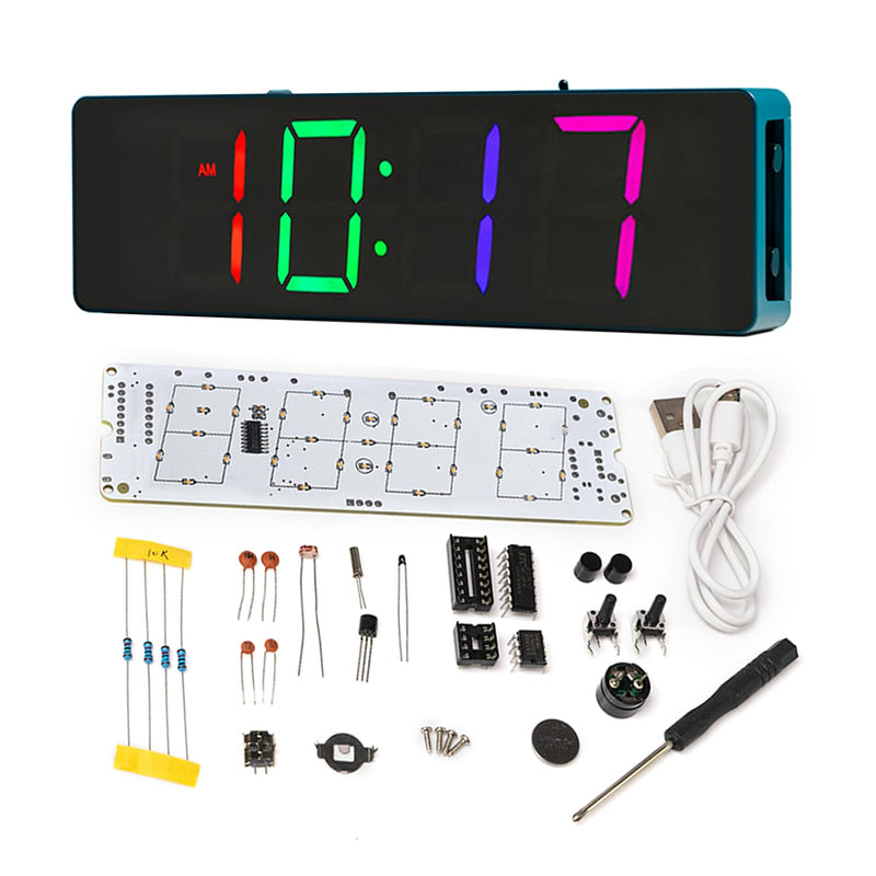 EIELE Soldering Practice Kit 4-Digit RGB Colour LED Digital Clock Kit with colourful case Suitable for students and beginners to solder and learn Adult Electronic Soldering Projects (blue case) Blue Case