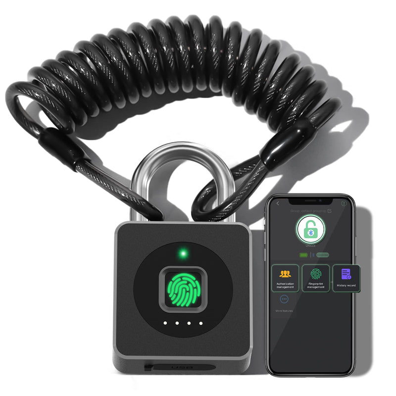 Pothunder Fingerprint Padlock, Fingerprint Lock with APP, Padlock with Steel Cable Keyless Biometric, Smart Padlock Waterproof Suitable for Gym, Locker, Helmet, Gate, Fence, Luggage Black with Cable