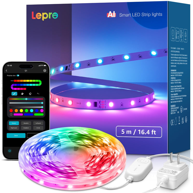 Lepro S1 AI LED Strip Lights for Bedroom - 16.4ft Smart RGB Light Strips with IC and Rainbow Chasing Effects, Color Segment DIY, AI Generated Lighting for New Year, No Remote, 2.4G Wi-Fi & Bluetooth