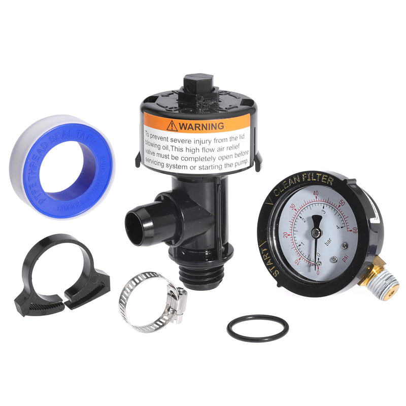 98209800 High Flow Manual Air Relief Valve Pool Filter Air Relief Valve for Predator Pool Filters with Clips O-Rings Gauge Plug Pressure Gauge 1PC Valve-098F
