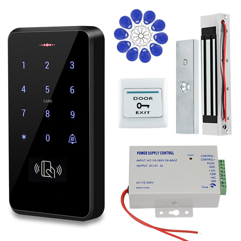 Stand-Alone Waterproof Door Access Control System Kit with 180KG/350lbs Electric Magnetic Lock + Power Supply+Door Exit Button+10pcs Blue Keyfobs