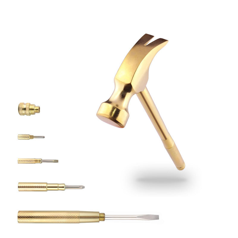 Multifunction Hammer 6 in 1 with Slotted/Flat Head Phillips Screwdriver Claw Hammer Manual, Portable Metal Mini Tool Hammer (Gold) Gold