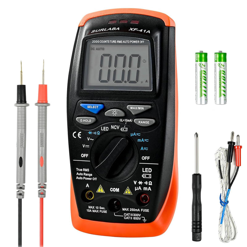 Multimeter Voltage Tester, 2000 Counts Digital Multimeter Measure with DC AC Voltmeter and Ohm Volt Amp Meter, Measures Voltage, Current, Resistance; Tests Live Wire, Continuity, Resistance 41A-O