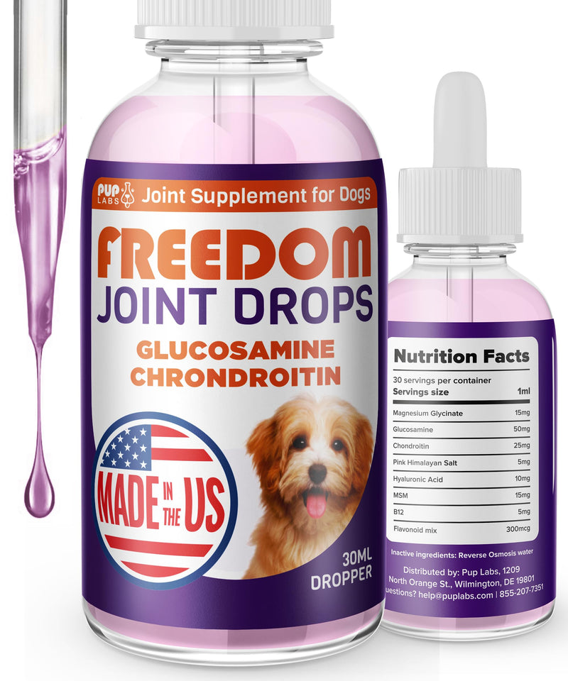 Freedom Joint Drops for Dogs with Hyaluronic Acid, MSM, Glucosamine, & Chondroitin, All Natural Liquid Joint Supplement for Dogs for Pain Relief, Mobility and Hip Support, 30 ml Dropper 1 Pack - PawsPlanet Australia