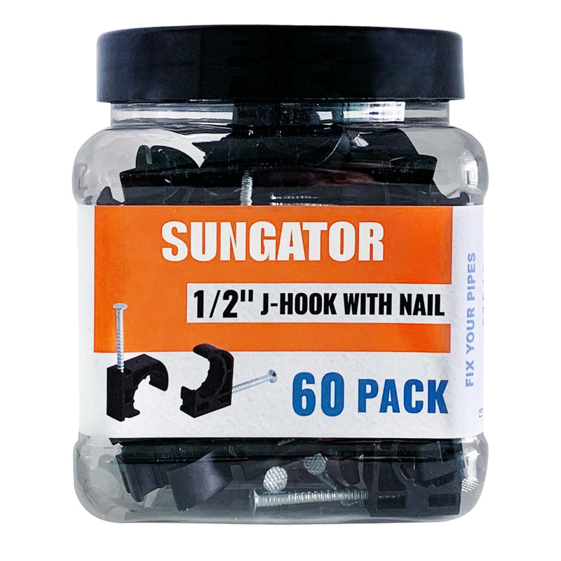 (60 Pack) SUNGATOR 1/2 Inch Pex J-Hook with Nails, Black Half Clamps, 1/2" J Clamps for Pex Pipe Support, 1/2" J-Hook Pipe Hanger Suitable for Wall Mount Pipe Tubing Fixture 60