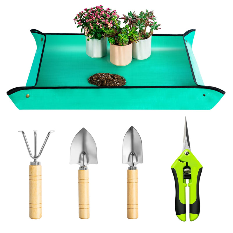 Plant Repotting Mat, 5Pcs Succulent Tools Mini Garden Small Gardening Tools Indoor, Pruning Shear Gardening Scissor, Hand kit for Bonsai, Cactus, Fairy, Houseplant Transplanting, Seedling Country Rustic Garden Tools