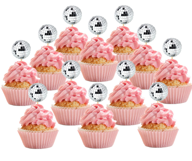 JOERSH 24pcs Disco Ball Cupcake Toppers - 1970s Disco Ball Picks Disco Theme Cake Decorations for Disco Theme Party 70s Disco Party Favor Silver