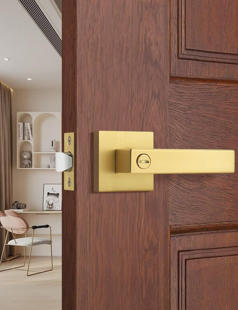 1 Pack Heavy Duty Gold Square Privacy Interior Door Levers, Satin Brass Finish, Bedroom and Bathroom Door Handles Keyless Bed/Bath Lockset 1 Pack Gold-Privacy