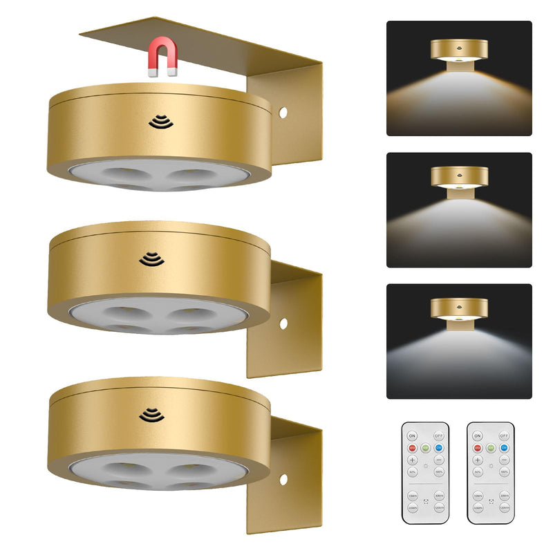 3Pack Wireless Picture Light,Battery Operated Painting Light with Remote,Magnetic Timer Display Art Light for Wall,Dimmable Picture Frame Light for Frame Artwork,Wall Decor Puck Light-Gold 3Pack Gold