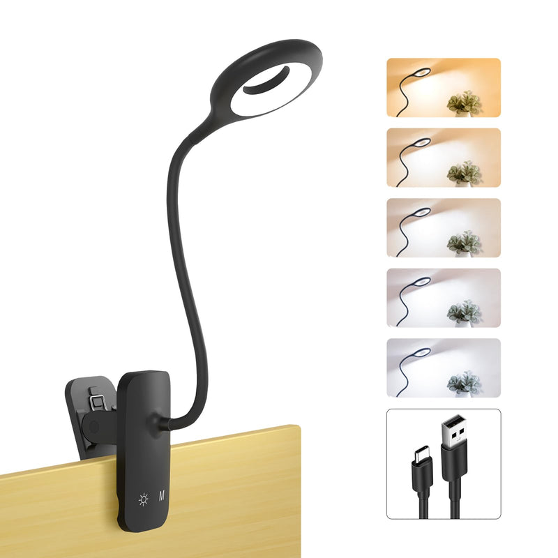 Clip on Light Rechargeable with Large Clamp, Battery Operated Bed Headboard Reading Lamp - 5 Colors 5 Brightness, Flexible Arm Book Light at Night for Kids Desk Bunk Metal Bed Frame (Black) 1Pack Black